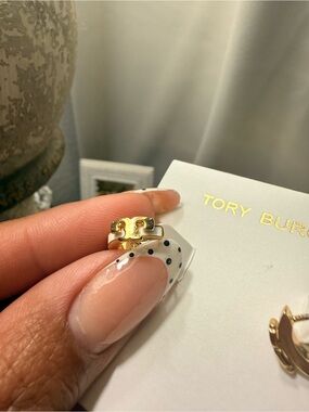 Tory Burch Gold and White Enamel Mini Logo Huggies Earrings